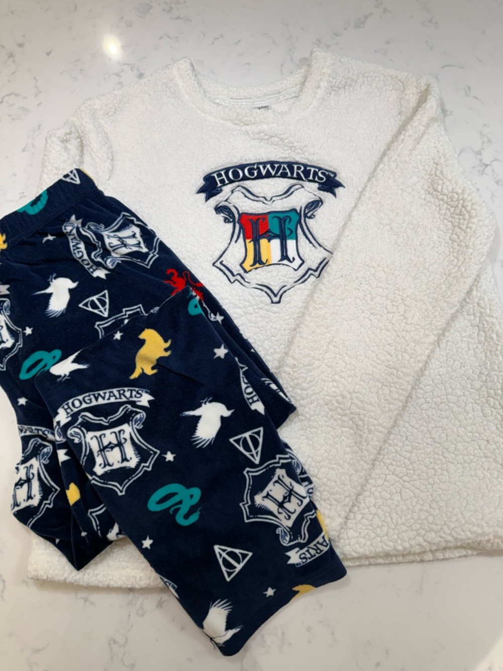 Warner Bros. Harry Potter Winter White Sherpa Pullover with Navy Crest Trim
